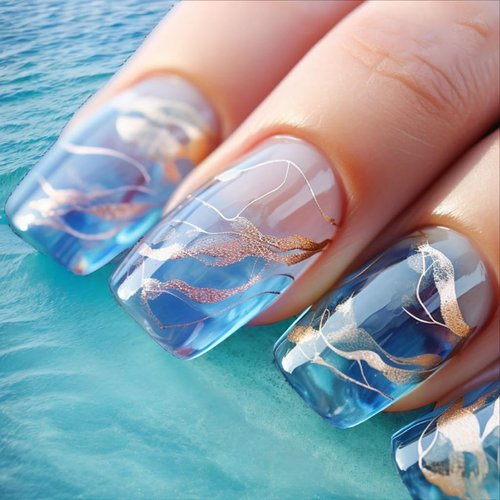 IFMOPETY Press On Nails，Blue Short Square Fake Nails，Reusable Blue Nail Kit in 12 Sizes，Gold Glitter Design，Semi-Transparent 24 PCS（Sea Blue）