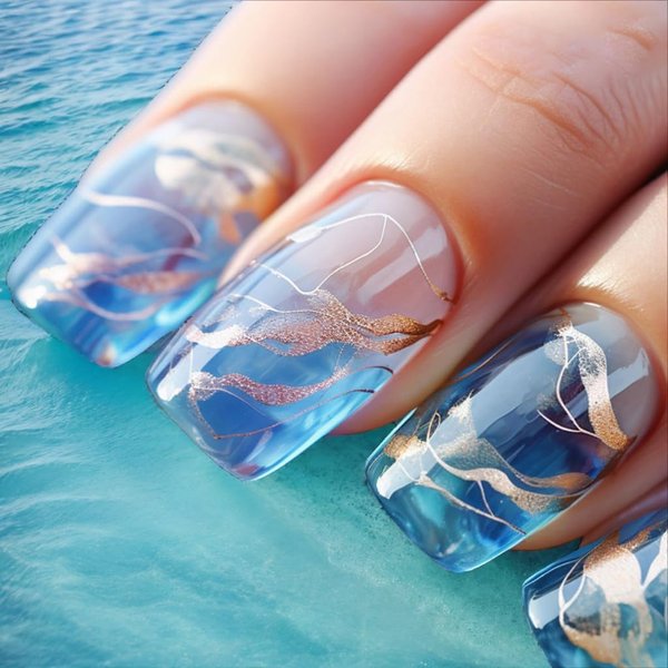 IFMOPETY Press On Nails，Blue Short Square Fake Nails，Reusable Blue Nail Kit in 12 Sizes，Gold Glitter Design，Semi-Transparent 24 PCS（Sea Blue）