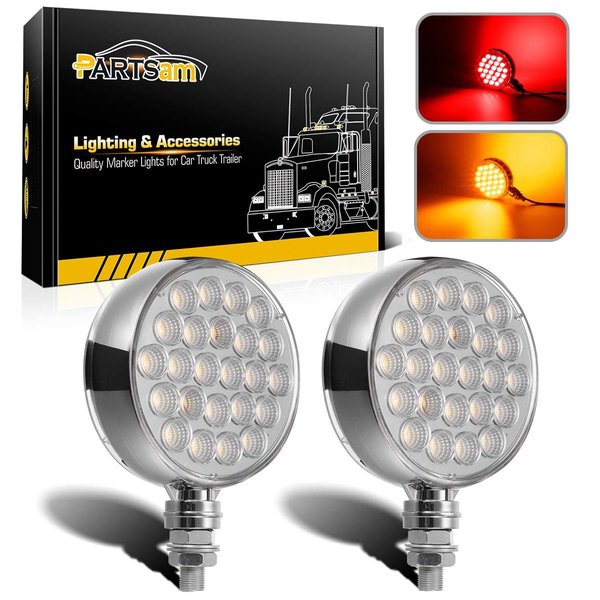 Partsam 2Pcs Double Face Round LED Pedestal Lights Fender Stop Turn Signal Tail Brake Lights Clear Lens 48 LED Post Mount Semi Trailer Replacement for Kenworth/Peterbilt Trucks