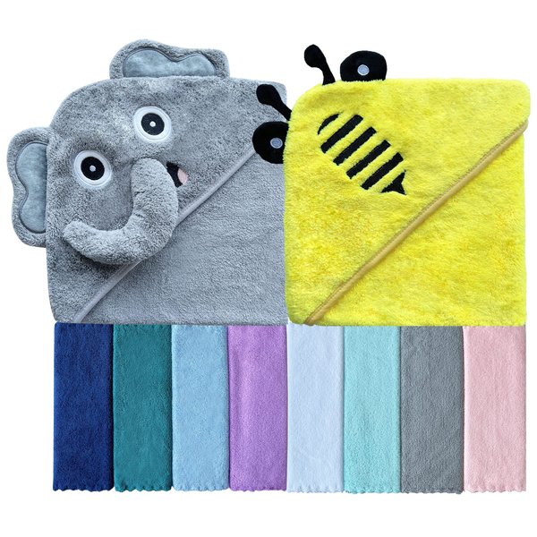 Sunny zzzZZ Baby Hooded Bath Towel and Washcloth Sets, Essentials for Newborn Boy Girl, Shower Gifts Infant Toddler - 2 8 Washcloths Yellow Bee Grey Elephant