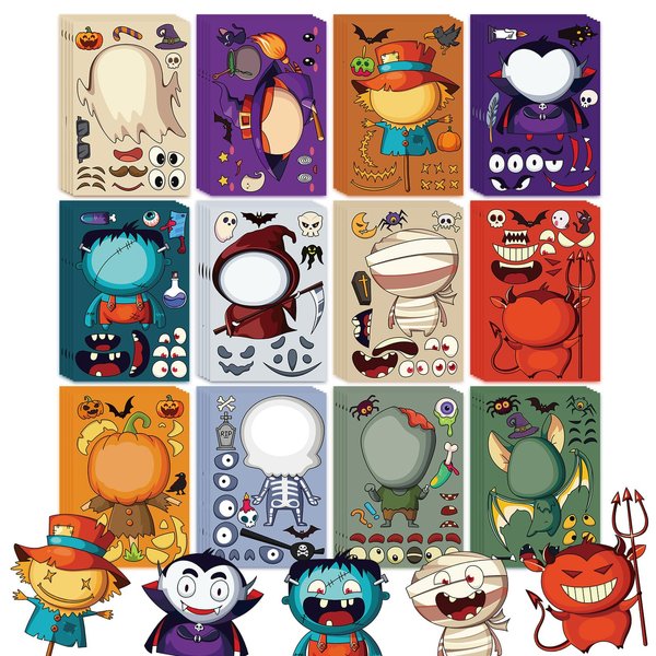 M-sorflly 60 Sheets Halloween Stickers Crafts, Bulk Halloween Party Favors Stickers for Party DIY Games, Treat Bags, Gift, Bags, Cute Sticker Set with 12 Designs