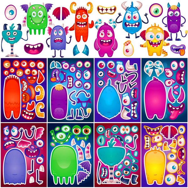 Zayvor 24 Sheet Monster Make Your Own Stickers for Kids Bulk, Make-a-Face Stickers,Mix and Match Stickers Sheet Craft Sticker, Gift, Party Favors, School Reward, Valentines Halloween Games