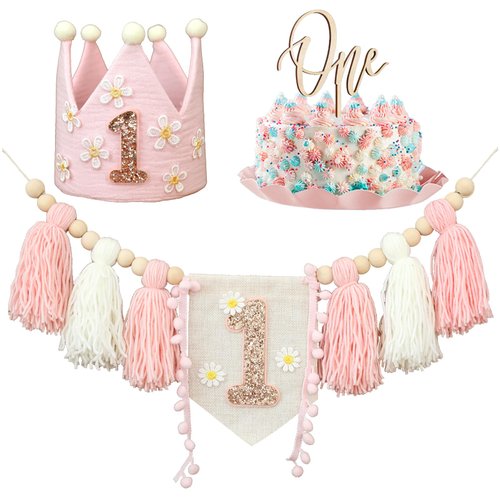 Boho Daisy Highchair Banner 1st Birthday Girl For First Party Decorations Set With Handmade Cake Topper Crown Hat