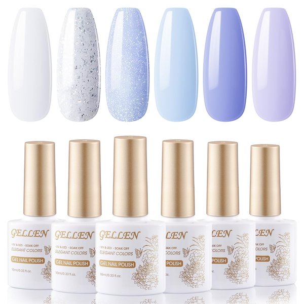 Gellen Gel Nail Polish Set, 6 Colors Natural Baby Blue Nail Polish Set Pastel Purple White Glitter Gel Nail Polish Kit Nail Art DIY Home Gel Manicure Set Light Violet Nail Gifts for Spring Summer