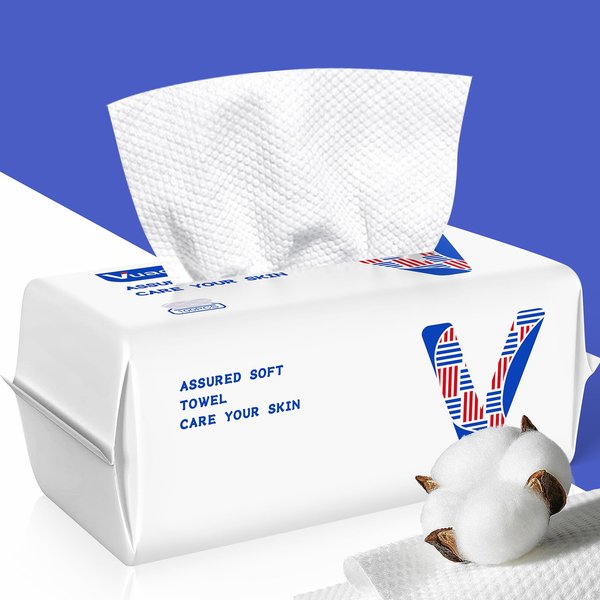 Vuacepe Face Towels Disposable Cotton Facial Clean Towels, 100 Count Biodegradable Soft Dry Facial Tissue, Face Drying Towels for Skin Care, Makeup Remover, Disposable Face Cloths for Washing Face