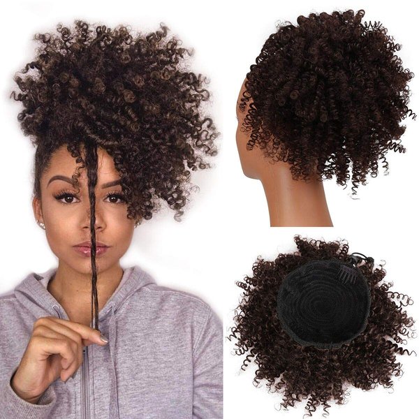 YIBANG Afro Puff Ponytail Drawstring Synthetic Short Kinky Curly Brown Pineapple Ponytail Donut Chignon Hairpieces Wig 115g Wrap Updo Hair Extensions With Two Clips 4#