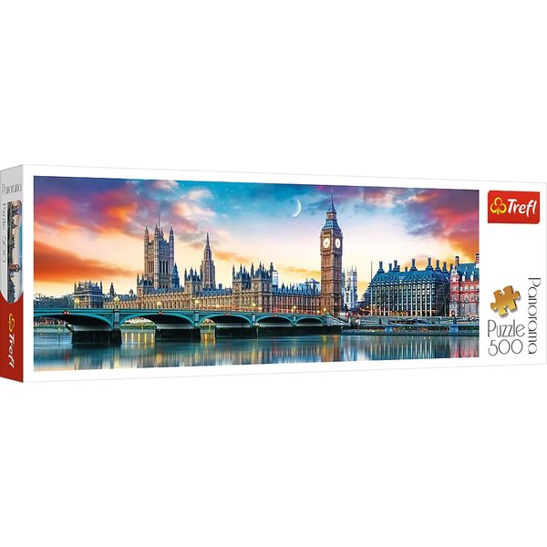 Trefl Panorama Big Ben and Palace of Westminster, London 500 Piece Jigsaw Puzzle Red 26"x9" Print, DIY Puzzle, Creative Fun, Classic Puzzle for Adults and Children from 10 Years Old