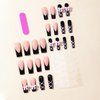 FIEONCIY Press on Nails Coffin Long Black Glossy Full Cover Acrylic Square French False Nails with Pink Bow Designs Artificial Ballerina Fake Nails with Charm Glue Stick on Fingernails for Women