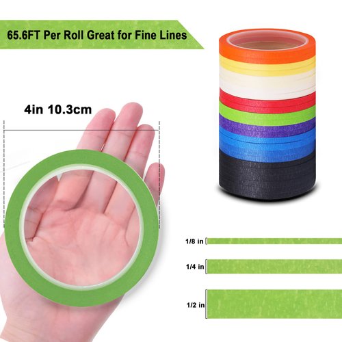 8Rolls Thin Painters Tape Total 176yards 1/8, 1/4, 1/2 inch Width Painter Tape Paint Tape masking Tape Pinstriping Tape, DIY Art TapeSmart Selection, 3" Large Core Easy to Work for Big Projects