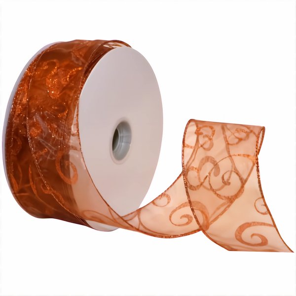 Morex Ribbon 7416.60/50-633 Swirl 2.5" X 50 YD Nylon Sheer Curling Wired Glitter Ribbon, Copper, Holiday Ribbons for Crafts and Christmas Decorations, Indoor Christmas Ribbon for Gift Wrapping