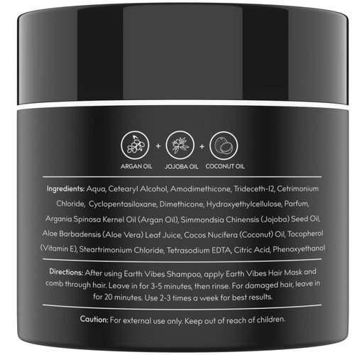 Earth Vibes Hydrating Argan Oil Hair Mask Conditioner - Deep Conditioning & Moisturizing - Hair Treatment For Dry Damaged Hair - Sulfate Free - Organic Jojoba Oil, Coconut Oil (8 Oz/226g)