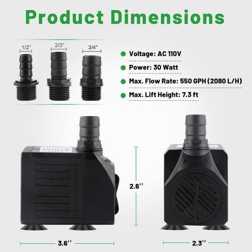 Yochaqute Aquarium Submersible Water Pump: 550GPH 30W Quiet Mini Adjustable with 6ft Power Cord for Hydroponics | Garden Waterfall | Pond | Fish Tank | Fountain