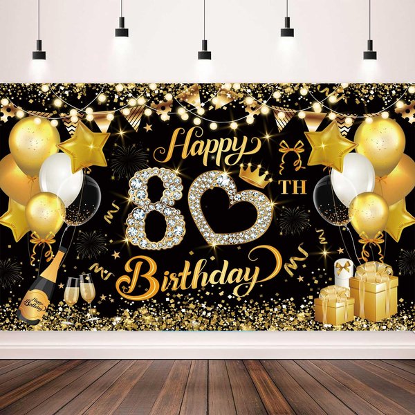 6x4FT 80th Happy Birthday Backdrop Happy Birthday Banner Glitter Black Gold Birthday Backgrounds Banners Black Gold for Birthday Party Decoration Supplies(Birthday-80th)