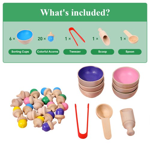 WODI Wooden Color Sorting Toys for Toddlers 3+ Rainbow Counting Acorns with Matching Sorting Cups Montessori Toys for 3+ Year Old Preschool Learning Activities for Sensory Training