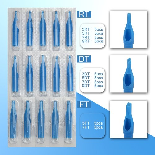 ATOMUS 50pcs Mixed Tattoo Needle Tips Disposable Plastic Assorted Tips 3RT, 5RT, 7RT, 9RT, 3DT, 5DT, 7DT, 9DT, 5FT, 7FT, Tattoo Round Flat/Magnum Diamond Tips (Mixed)