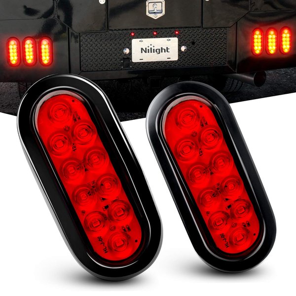 Nilight - TL-01 6" Oval Red LED Tail 2PCS w/Surface Mount Grommets Plugs IP65 Waterproof Stop Brake Turn Trailer Lights for RV Truck Jeep