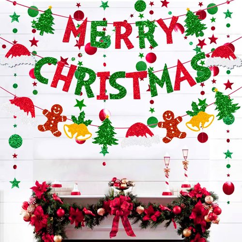 Merry Christmas Banner, Glitter Merry Christmas Banner and Glitter Christmas Signs Banner for Party Decoration, Red & Green Xmas Party Decorations for Home Wall Fireplace Party Supplies