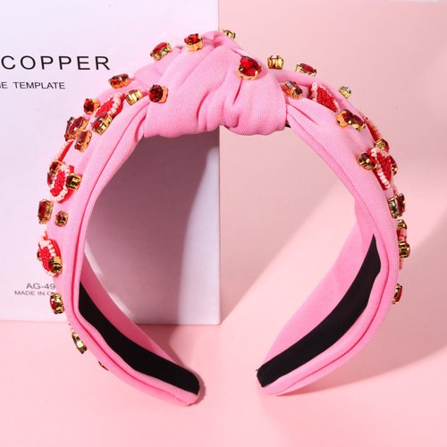 Valentine’s Day Heart Headbands for Women Valentine’s Day Accessories Jeweled Beaded Heart Knotted Headband Pink Red Rhinestone Wide Top Knot Headband Valentine Party Favors Gifts (Heart Headband 4)