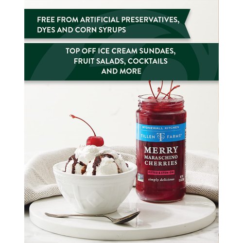 Tillen Farms Gourmet Merry Maraschino Cherries, Pitted & Stem-On, Certified Non-GMO, Great for Ice Cream Sundaes, 13.5oz