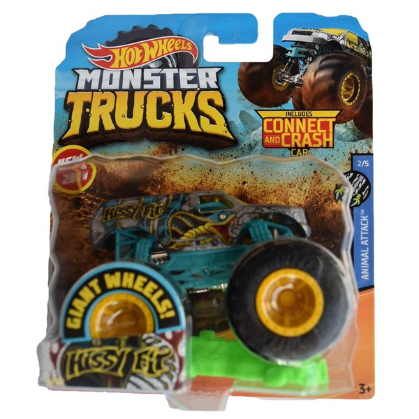 Hot Wheels Monster Trucks 1:64 Scale Fit 8/50 Connect and Crash, Silver/Teal