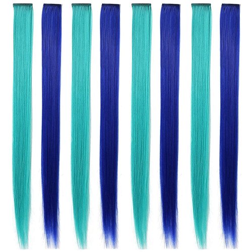 IAMERUI 8 PCS Colored Blue Teal Hair Extensions 21 Inch Colorful Clip in Hair Extensions Straight Synthetic Hairpiece for Women Kids Girls Halloween Christmas Cosplay, (Blue Teal)