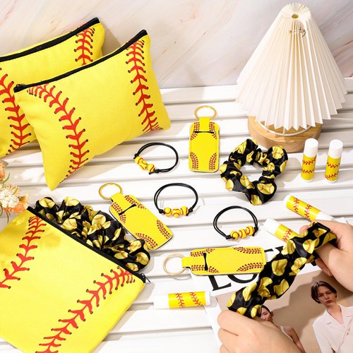 Heigble 60 Pcs Softball Gifts for Teen Girls Softball Party Favors with 12 Scrunchies 12 Softball Makeup Bag 12 Lip Balm 12 Lipstick Holder Keychains 12 Adjustable Bracelet for Sport Team Supplies