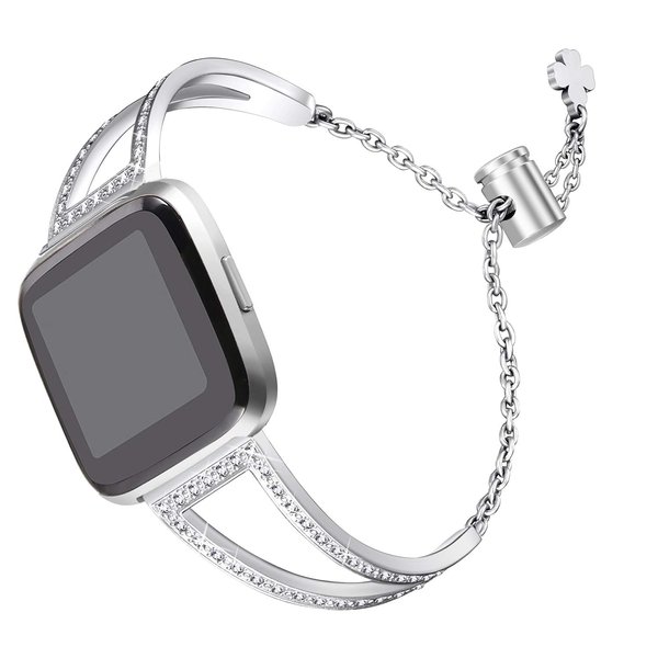 bayite Bling Bands Compatible with Fitbit Versa/Versa 2 Band for Women, Stainless Steel Metal Jewelry Bracelet Bangle Wristband, Silver