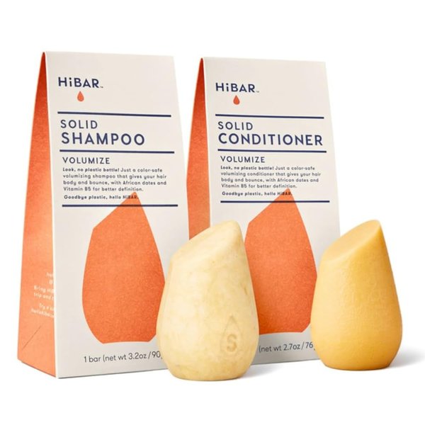 HiBAR Volumize Shampoo and Conditioner Set for Fine Hair or Thin Hair, Enriched with Rice Water and Vitamin B, Eco-Friendly, Vegan, Plastic-Free, Travel-Friendly