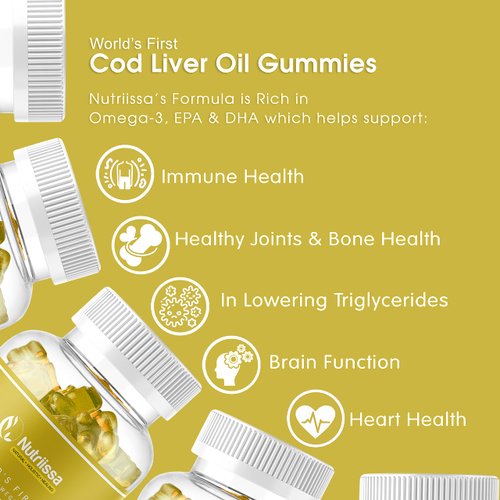 Nutriissa Organic Cod Liver Oil Gummy – World's First Wild-Caught Norwegian Arctic Cod Liver Oil Gummies – Fish Oil Gummies Rich in Omega-3, EPA, DHA, Vitamins – Lemon Flavor - 1200mg (60ct)