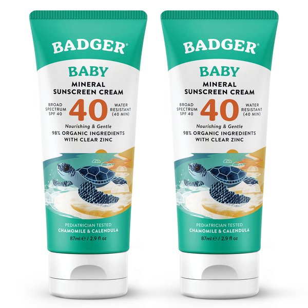 Badger SPF 40 Baby Sunscreen Cream (2 Pack) - Reef-Friendly Broad-Spectrum Water-Resistant Baby Sunscreen with Zinc Oxide - Chamomile and Calendula, 2.9 oz