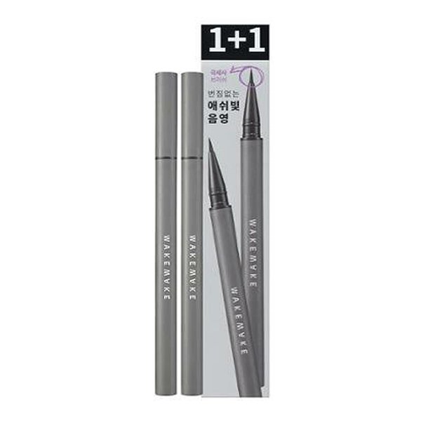 WAKEMAKE Real Ash Brush Eyeliner, Korean Makeup Liquid Eyeliner, Smudge-proof, Ultra-Fine Tip, Long Lasting Waterproof Liquid Eyeliner 0.04 OZ (Pack of 2) (01 ASH BLACK)