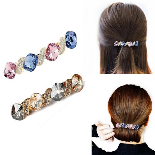 AsggBah 2pcs Sparkly Colored Crystal Rhinestone Hair Barrettes French Hair Clips Hairpin Hair Accessories for Women Girls (2 colors)