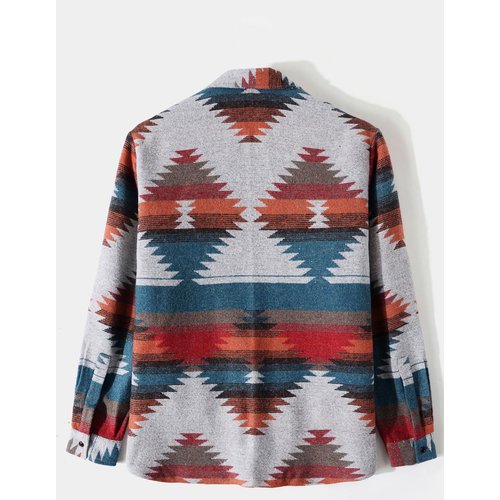 VIEWON Men's Casual Aztec Print Button Down Woolen Long Sleeve Lightweight Lapel Western Shacket Jacket Coat Red L