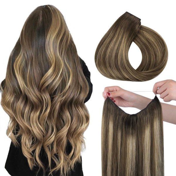 HOTBANANA Wire Hair Extensions, 18 inch 95g Chocolate Brown to Caramel Blonde Fish Line Hair Extensions Real Human Hair Straight Invisible Wire Hair Extensions Remy Hair Extensions