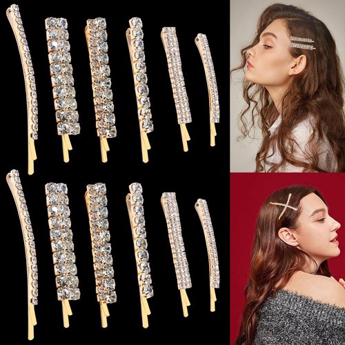12 Pieces Rhinestone Bridal Hair Clip, Alloy Rhinestone Wedding Hair Pins Crystal Hair Clips, Jewelry Barrette Elegant Hair Accessories for Brides Bridesmaids Flower Girls(Gold)