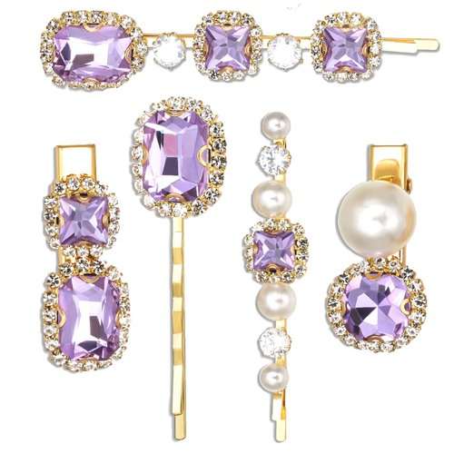Hair Clips for Women, Vintage Gold Metal Alligator Hair Clips and Bobby Pins, Elegant Pearl and Bling Rhinestone Hair Barrettes for Wedding, Party, Costume, Holidays, Set of 5. Purple