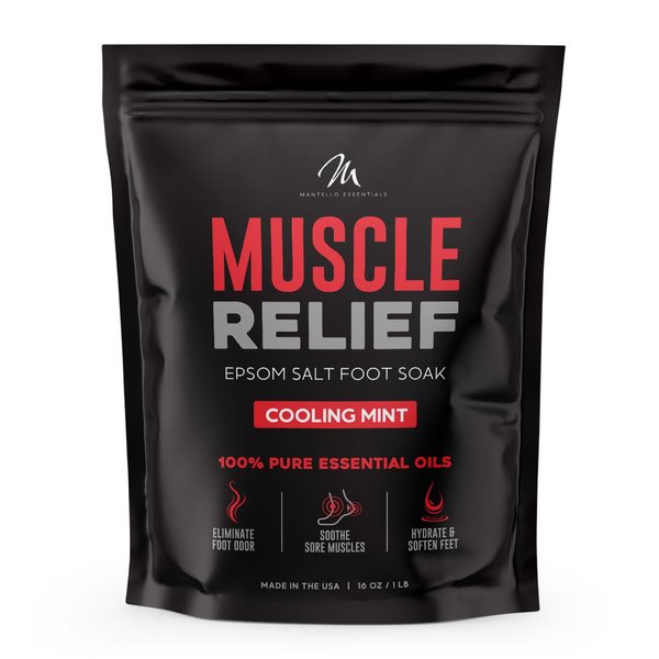 Mantello Muscle Relief Foot Soak Salts - Foot Soaker for Use with a Feet Soaking Tub - Epsom Salts for Soaking Feet to Soften and Soothe Feet - with Essential Oils - Pedicure Foot Soak, 1 lb. Bag