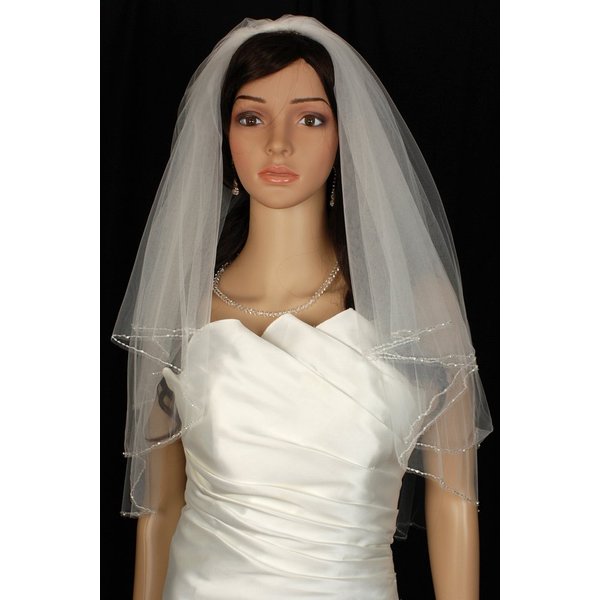 Bridal Veil White 2 Tiers Elbow Length Edge With Crystal Beads And Seed Beads