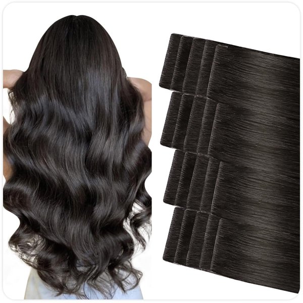 SUYYA Invisible Tape in Hair Extensions Human Hair Natural Black Seamless Injected Hand-Tied Pro Quality Virgin Human Hair 20PCS 40G/Pack Straight Tape Ins(16 inch #1B Off Black)