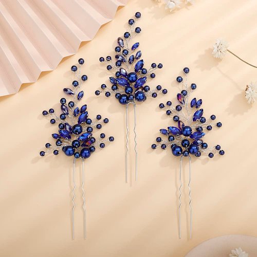 Teyglen Bride Wedding Crystal Pearls Hair Pins Vintage Blue Pearl Hair Pins Set Bridal Rhinestone Hair Pieces Headpieces Vintage Hair Accessories Jewelry Set for Women Girls (Blue)