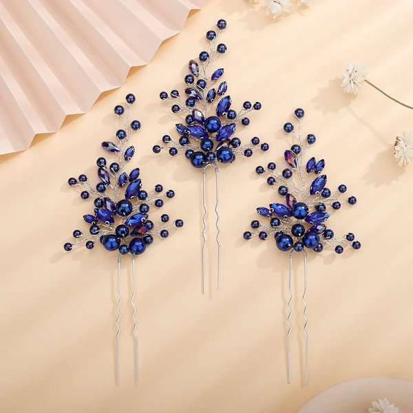 Teyglen Bride Wedding Crystal Pearls Hair Pins Vintage Blue Pearl Hair Pins Set Bridal Rhinestone Hair Pieces Headpieces Vintage Hair Accessories Jewelry Set for Women Girls (Blue)