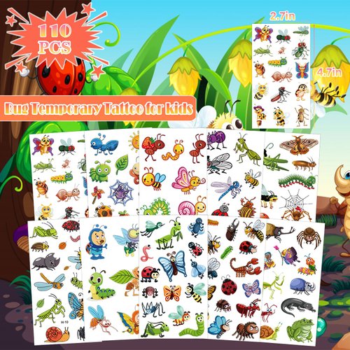 UVUXO Bug Temporary Tattoo for kids - 110 Styles Insect Temporary for Girls Boy Body Arm Shoulder Cute Tattoos Stickers, Birthday Party Supplies Gifts for Kids