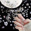 3D Nail Charms, Alloy Silver Snake Star Heart Butterfly Nail Charms and Gems, White Flower Hollow Heart Bows Pearls, Multi-Shapes & Sizes Rhinestones for Nail Art Supplies Manicure Craft DIY