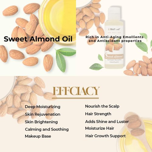 Well's Oil SWEET ALMOND OIL | 4oz(118ml) | All-Natural | For Hair + Skin | Refined, Cold Pressed | absorbs easily | Moisturizing, Health Skin