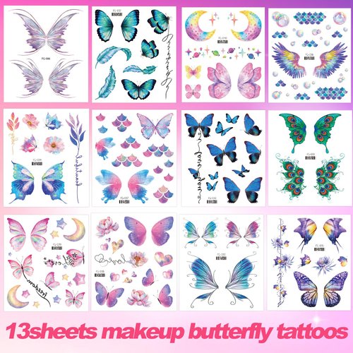 Onogola Glitter Butterfly Makeup Temporary Tattoos for Women Girls, 13Sheets Colorful Butterflies Wings Fake Tattoo Stickers Waterproof for Face Eye Makeup Birthday Party Favors Gifts