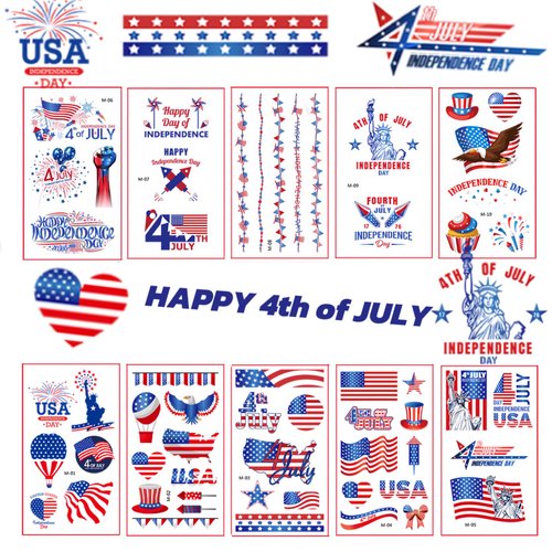 Independence Day Temporary Tattoo, 4th of July Waterproof Body Art Stickers, American Flag Fake Tattoos,Red White and Blue Party Supplies