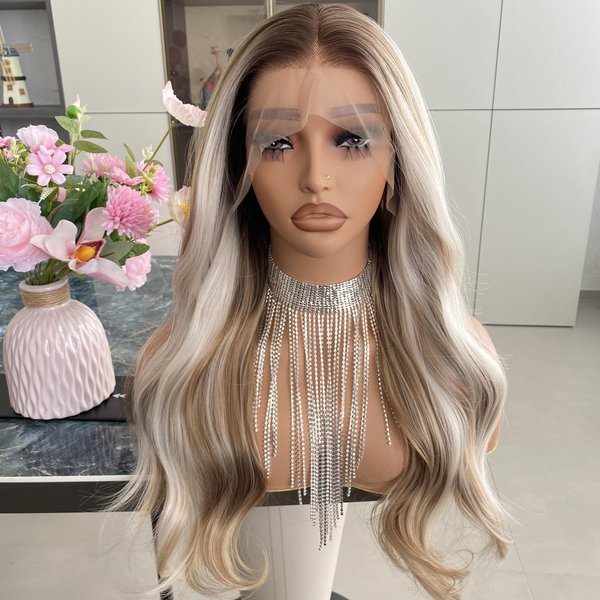 Carkira Platinum Lace Front Wig Highlight Honey Blonde 13x4 Ombre Color Long Body Wave Synthetic Fiber Wigs 22Inch for Women Girls