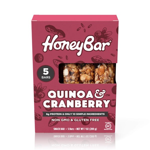 HoneyBar Snack Bar | Certified Gluten Free | Non-GMO | Vegetarian (Quinoa & Cranberry, Pack of 5 Bars)