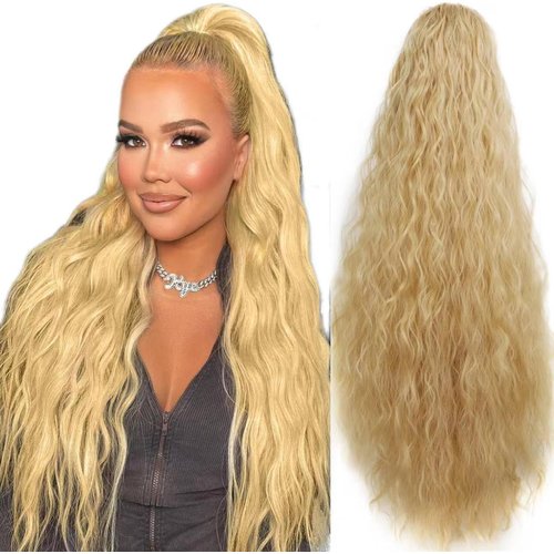VIOLET Golden Blonde Ponytail Extension for Women Instant 26 Inch Long Curly Drawstring Ponytail for Women Synthetic Wavy Clip on Ponytails for Women Blonde Hair Extensions Ponytail (Blonde)