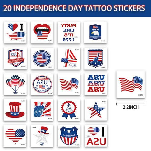 20Pcs 4th of July Tattoos Kids Adults,Independence Day Face Body Temporary Tattoo Stickers Waterproof Red Blue White Accessories American Flag USA Star Patriotic Memorial Labor Day Party Decorations